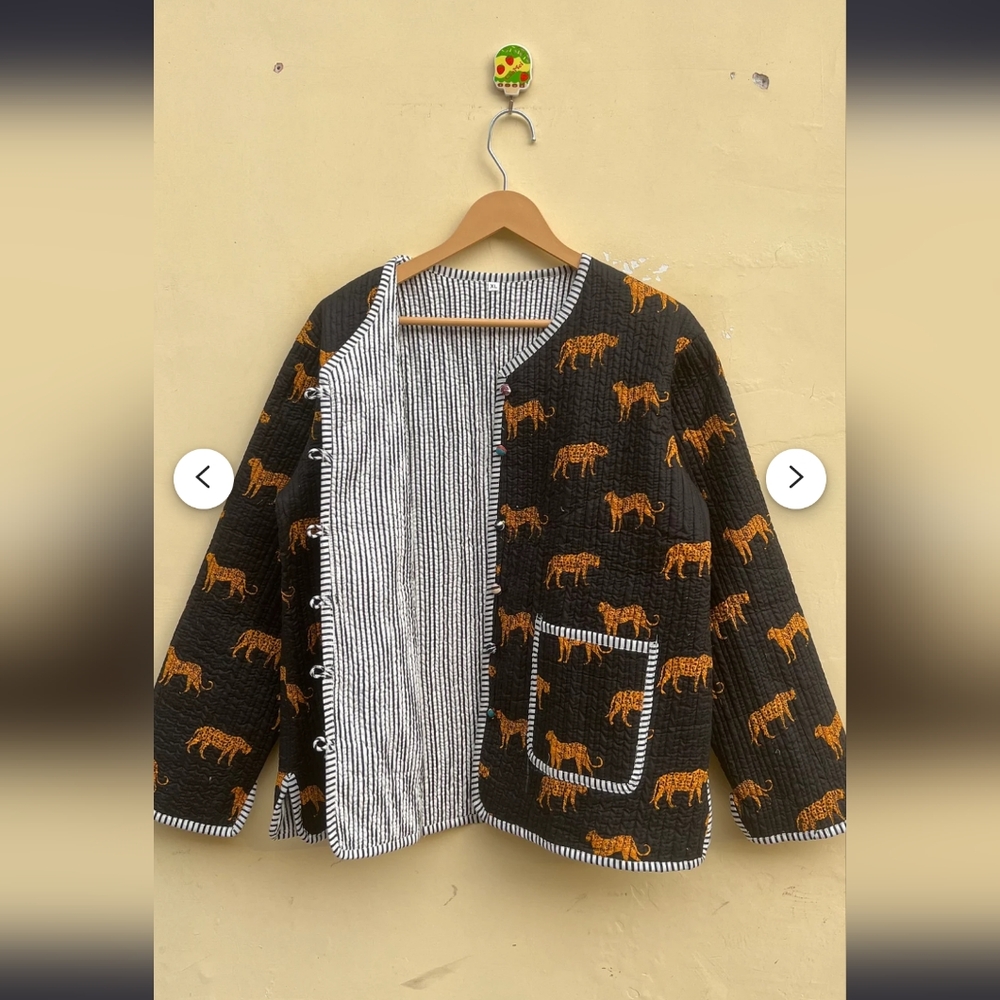 Hand stitched Indian Handmade Quilted Block Print Jacket - Black leopard